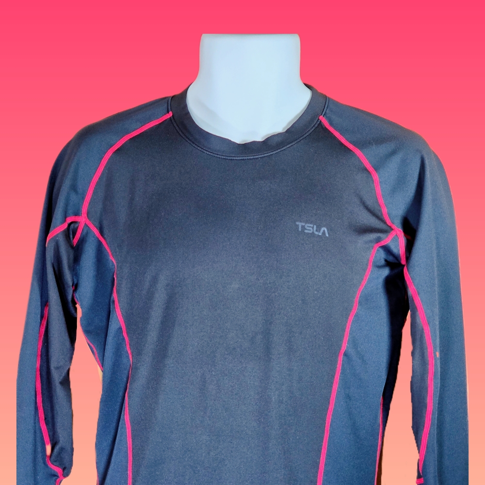 [Rare] TSLA Men's Black Red Long Sleeve Crew Neck Fitted Compression Shirt